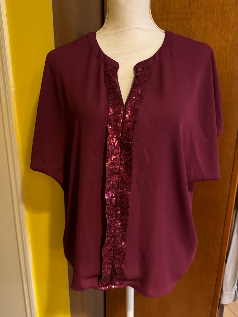 Juicy Couture Burgundy Sequin Trim Split-Neck Blouse